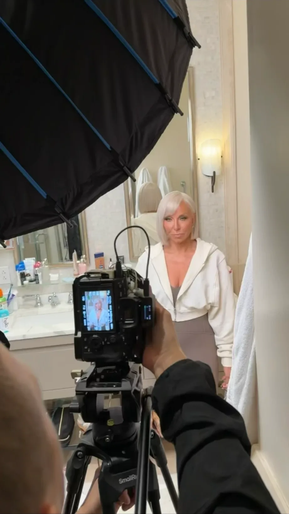 Margaret Josephs on set for a bathroom scene